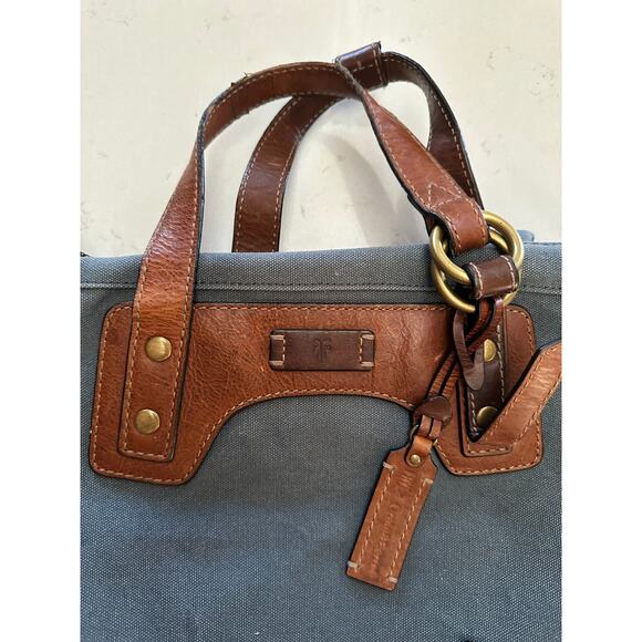 Crate and Barrel x FRYE Blue-Grey Canvas brown leather Backpack org $228.00 - Picture 13 of 16
